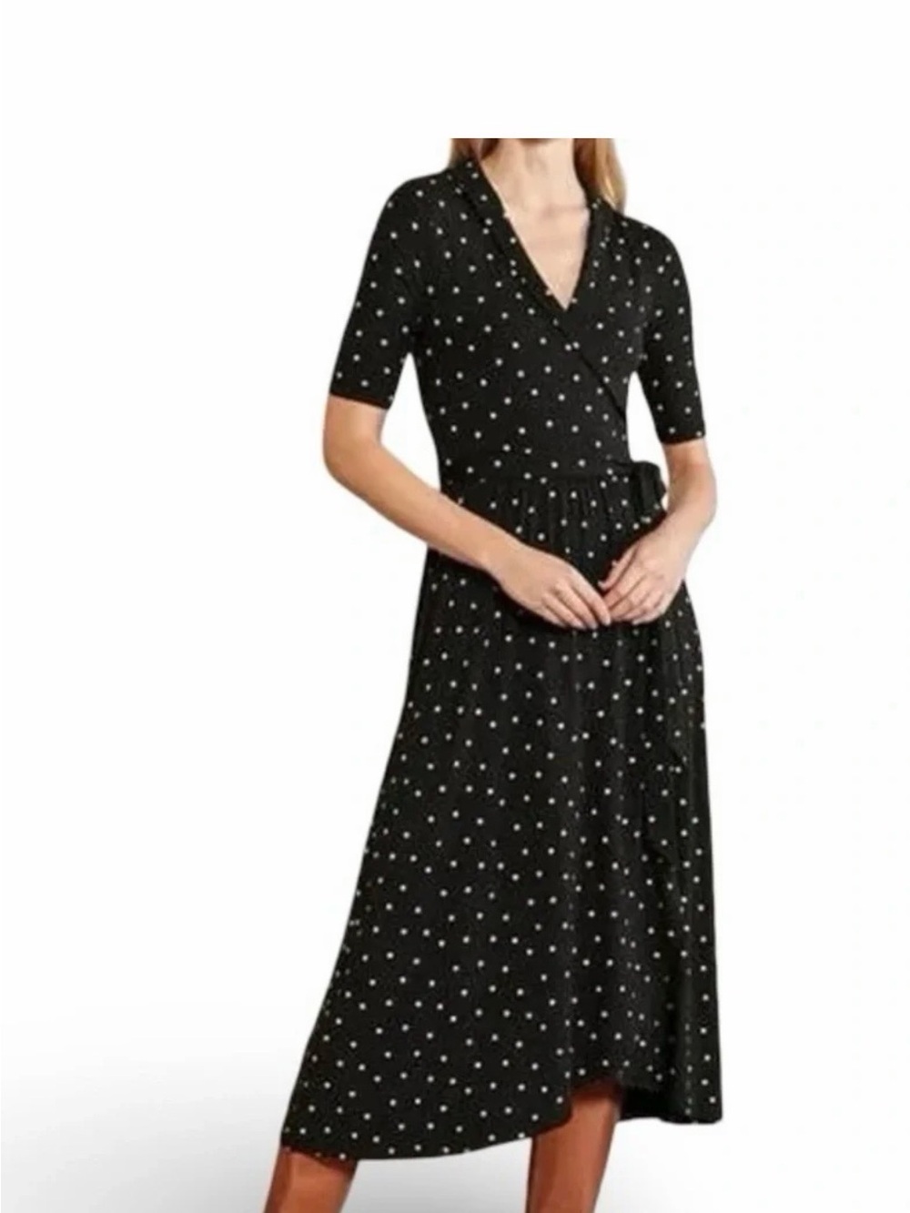 Boden Lavinia Black and White Polka Dot Wrap Midi Dress